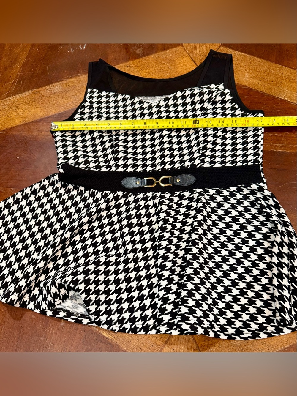 Houndstooth Peplum Top Mesh Detail Gold Buckle Belted Waist M/L - Picture 8 of 11